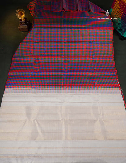 Pure Kanjivaram Silk Saree - MultiColour Body Small Checks With Contrast White Blouse