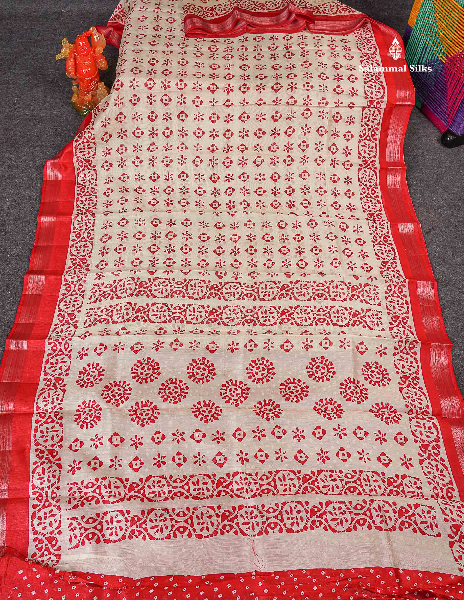 Mahu Silk Fancy Saree - Half White Colour Body With Contrast Chilly Red Tissue Border 