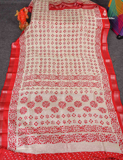 Mahu Silk Fancy Saree - Half White Colour Body With Contrast Chilly Red Tissue Border 