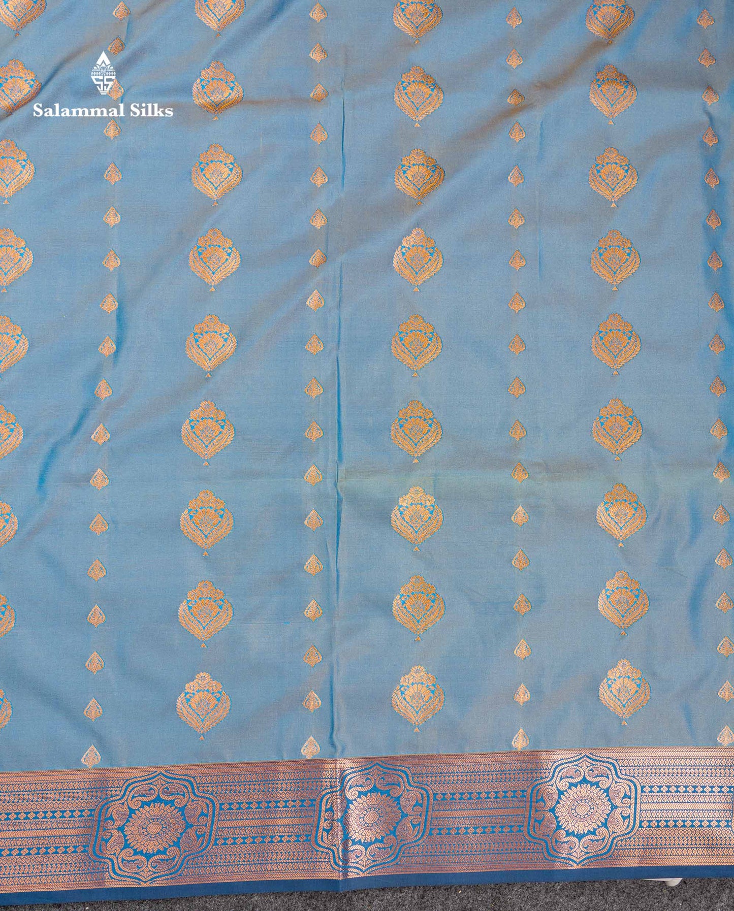Beautiful Pastel Blue Zari Butta Semi Silk Saree With Contrast Dual Tone Navy Blue Blouse