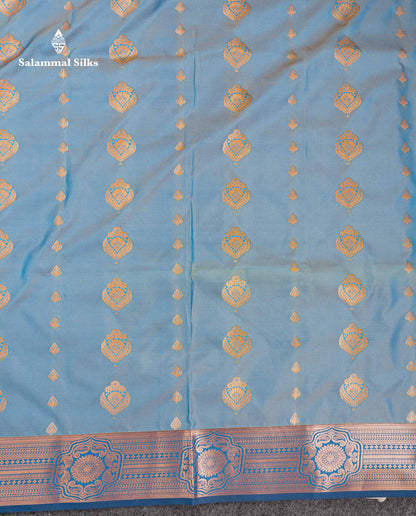 Beautiful Pastel Blue Zari Butta Semi Silk Saree With Contrast Dual Tone Navy Blue Blouse
