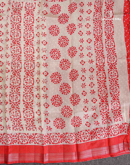 Mahu Silk Fancy Saree - Half White Colour Body With Contrast Chilly Red Tissue Border