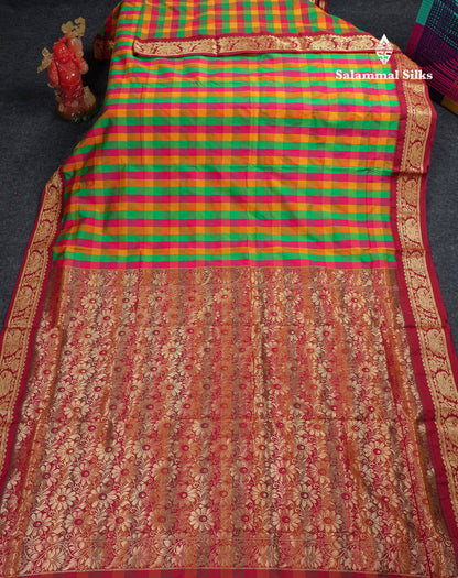 9 Yards Semi Silk Saree Paalum Pazham Checks With Contrast Maroon Traditional Border