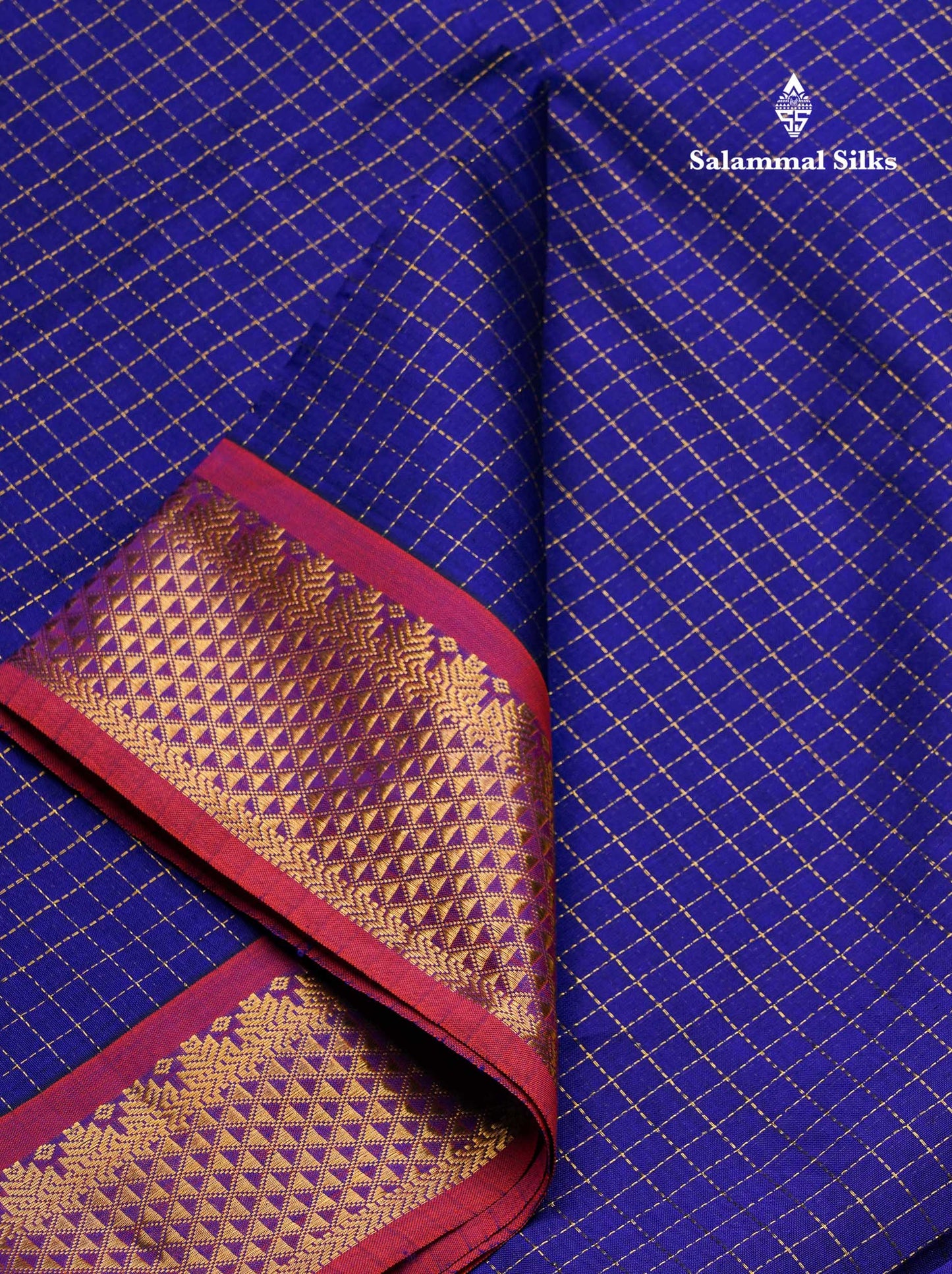 Beautiful Royal Blue Small Zari Checks Semi Silk Cotton Saree With Contrast Orange Blouse