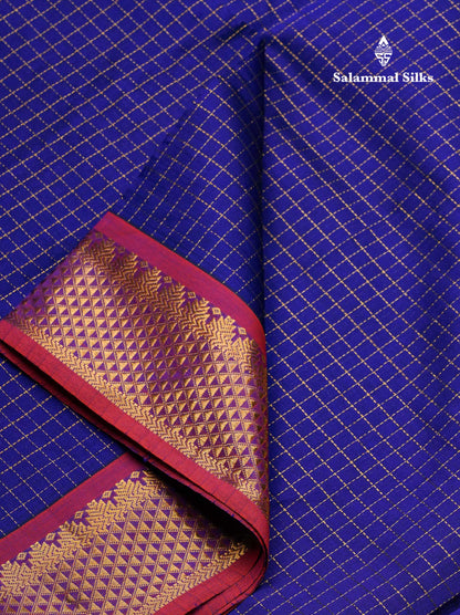 Beautiful Royal Blue Small Zari Checks Semi Silk Cotton Saree With Contrast Orange Blouse
