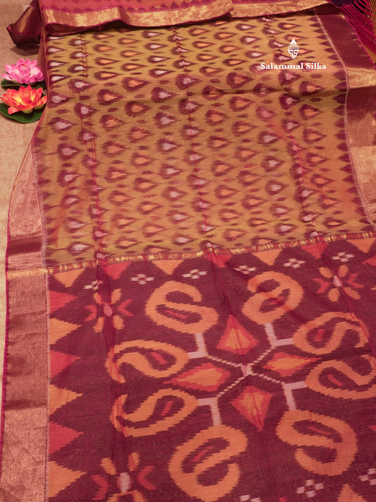 Premium Olive Mustard Yellow Colour Pochampalli Cotton Saree With Gold Zari Border