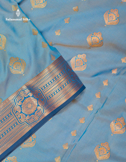 Beautiful Pastel Blue Zari Butta Semi Silk Saree With Contrast Dual Tone Navy Blue Blouse
