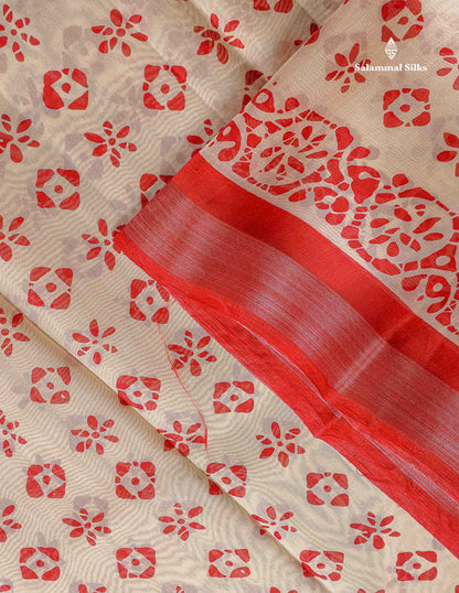 Mahu Silk Fancy Saree - Half White Colour Body With Contrast Chilly Red Tissue Border