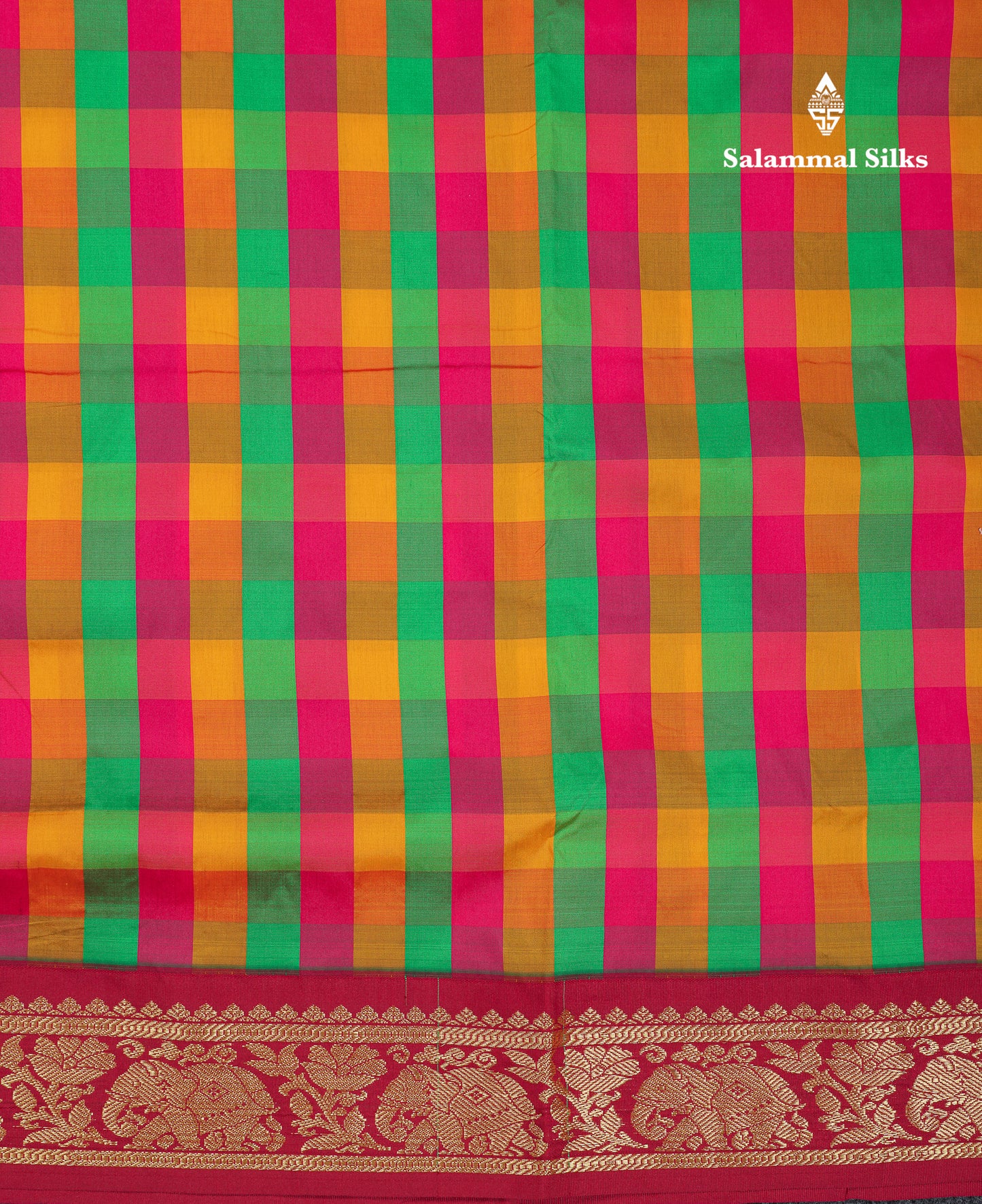 9 Yards Semi Silk Saree Paalum Pazham Checks With Contrast Maroon Traditional Border