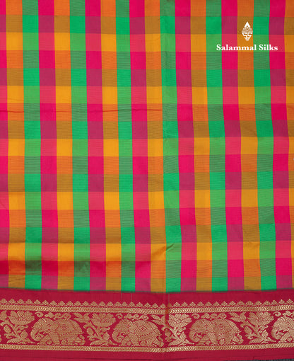 9 Yards Semi Silk Saree Paalum Pazham Checks With Contrast Maroon Traditional Border