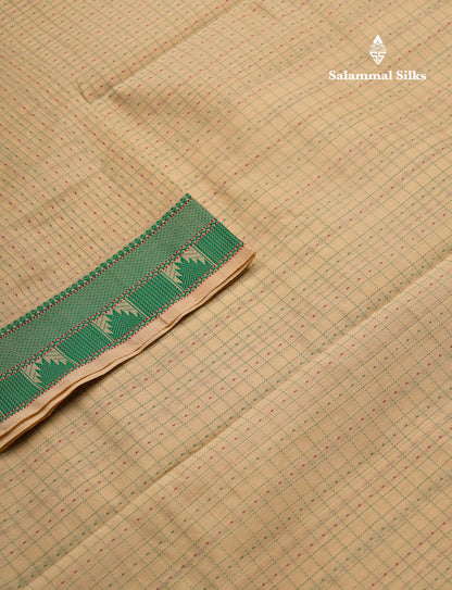Beautiful Cream Sandal Small Checks Thraed Work Semi Silk Cotton Saree With Contrast Maroon Blouse