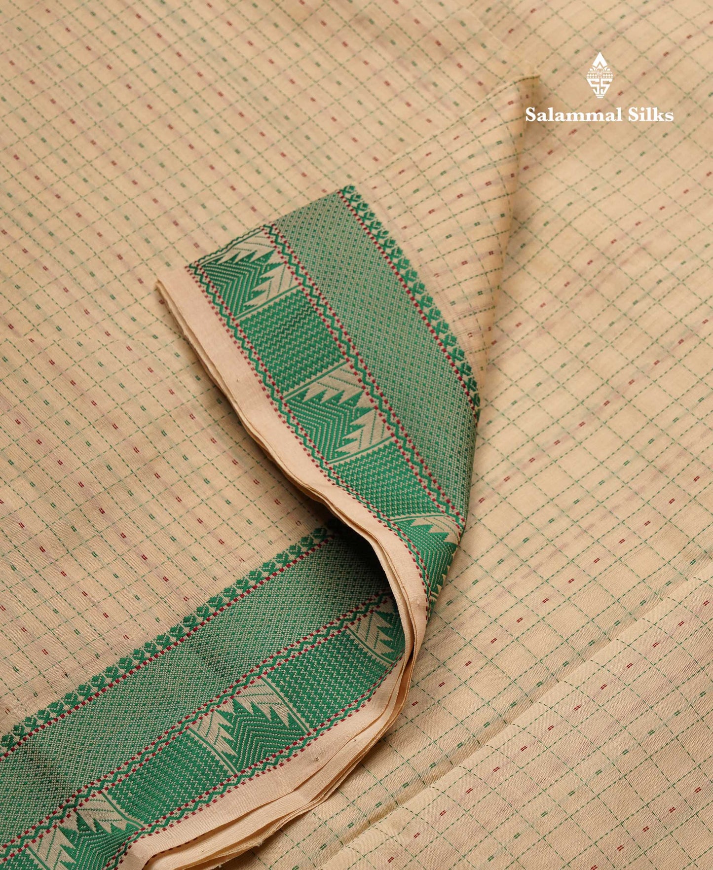 Beautiful Cream Sandal Small Checks Thraed Work Semi Silk Cotton Saree With Contrast Maroon Blouse