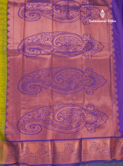 Manthulir Green Semi Silk Saree With Contrast Violet Blouse