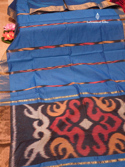 Blue Colour Pochampalli Cotton Saree With Tissue Border