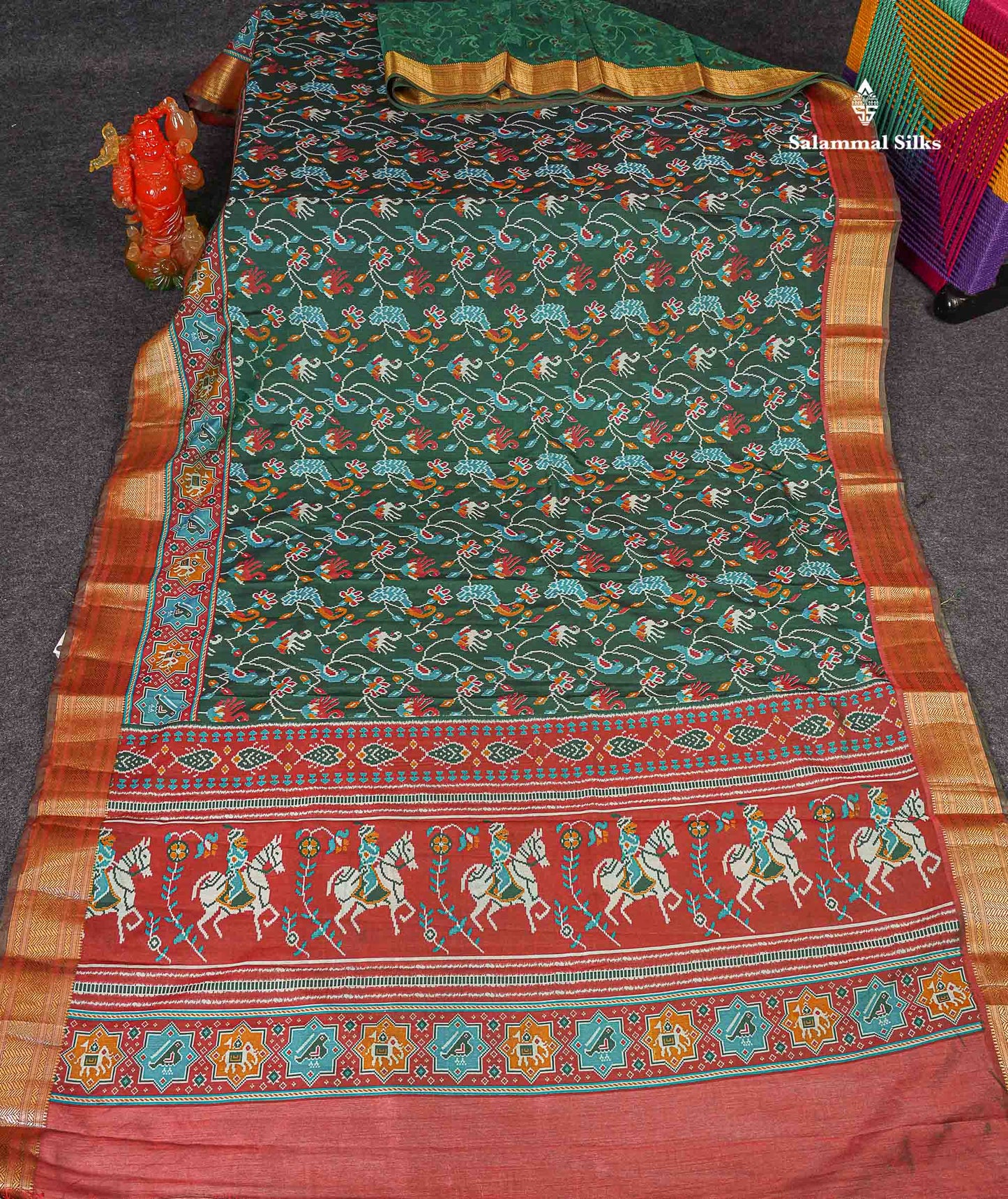 Patola Semi Raw Silk Saree - Bottle Green Colour Body With Contrast Brown Fancy Border