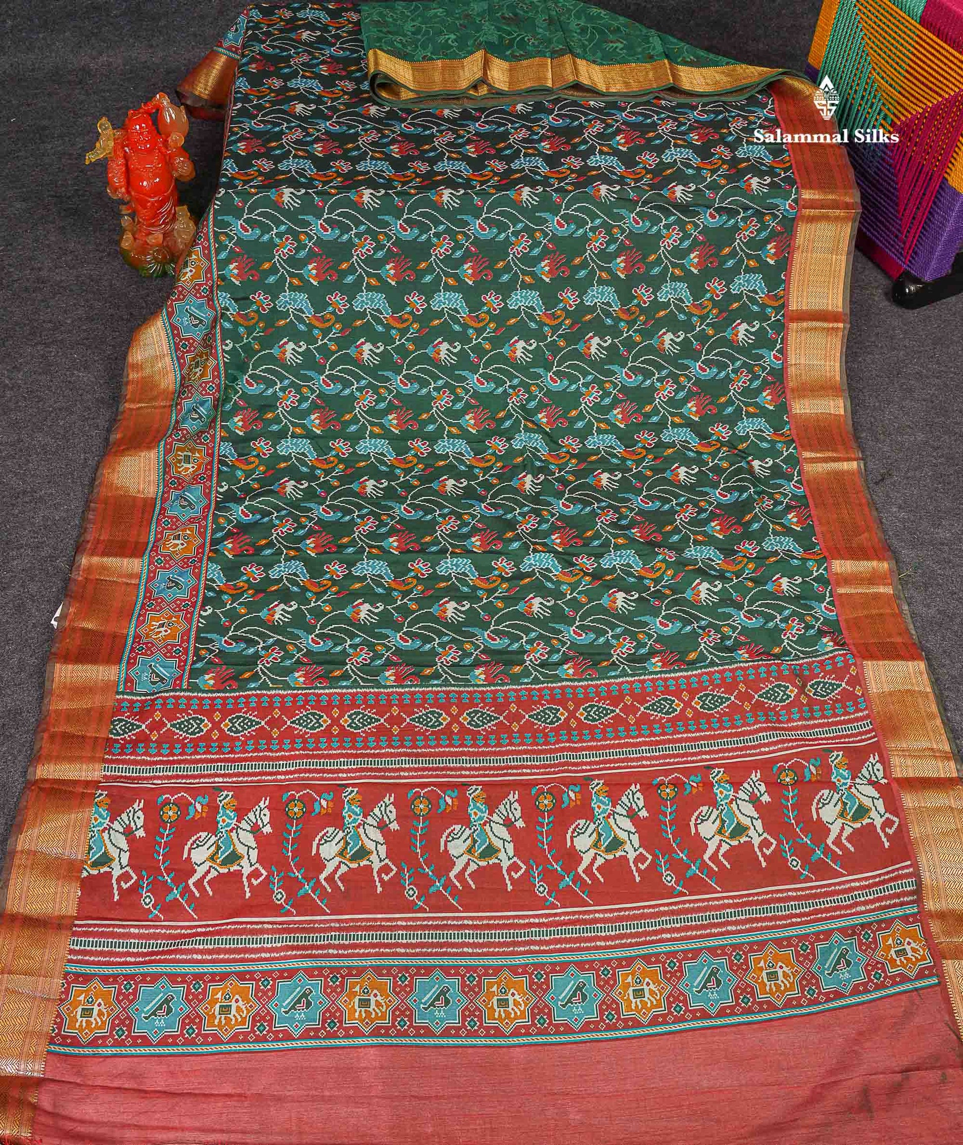 Patola Semi Raw Silk Saree - Bottle Green Colour Body With Contrast Brown Fancy Border
