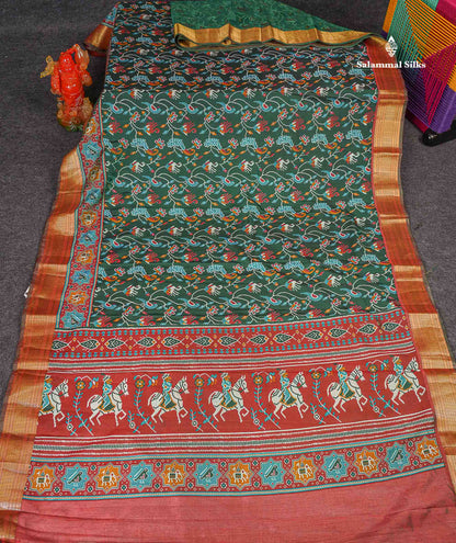 Patola Semi Raw Silk Saree - Bottle Green Colour Body With Contrast Brown Fancy Border