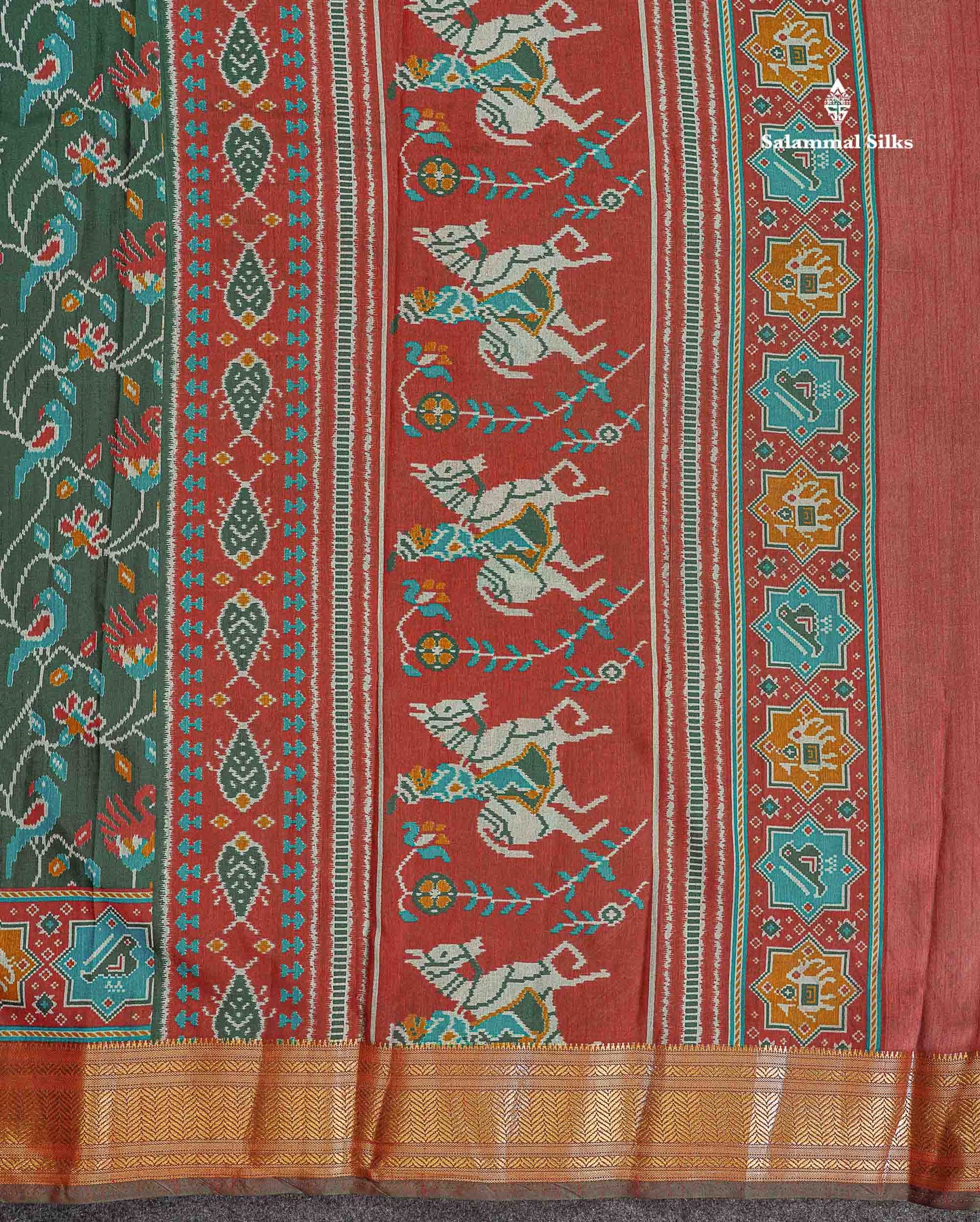 Patola Semi Raw Silk Saree - Bottle Green Colour Body With Contrast Light Brown Fancy Border