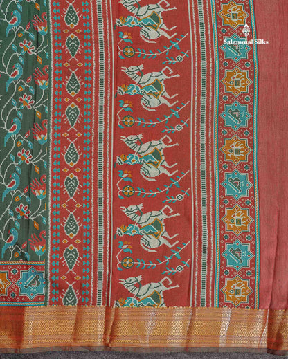 Patola Semi Raw Silk Saree - Bottle Green Colour Body With Contrast Light Brown Fancy Border