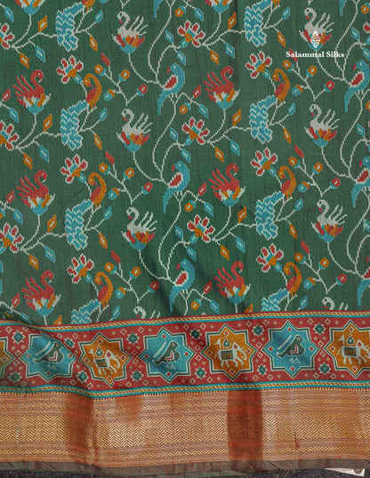 Patola Semi Raw Silk Saree - Bottle Green Colour Body With Contrast Light Brown Fancy Border