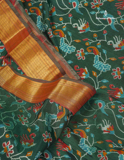 Patola Semi Raw Silk Saree - Bottle Green Colour Body With Contrast Light Brown Fancy Border