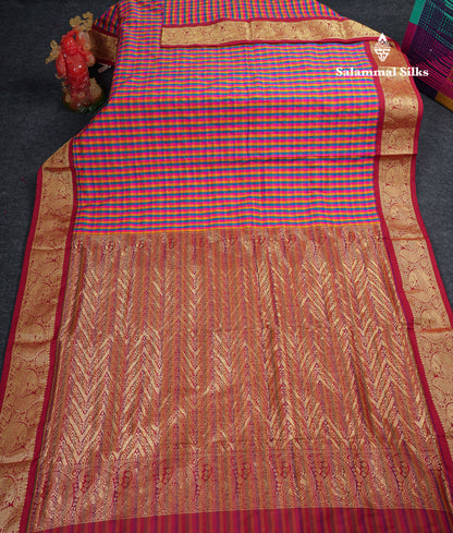 10.5 Yards Semi Silk Saree Paalum Pazham Checks With Contrast Maroon Traditional Border