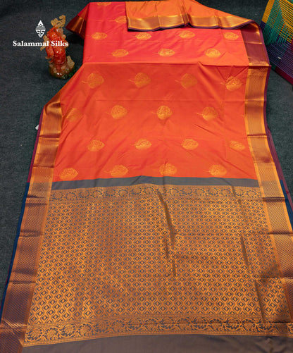 Beautiful Orange Semi Silk Saree With Contrast Maroon Traditional Border