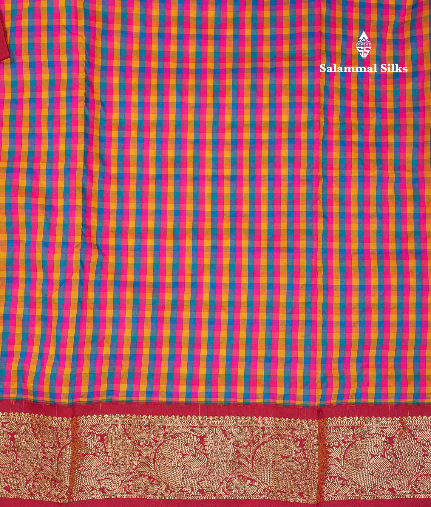 10.5 Yards Semi Silk Saree Paalum Pazham Checks With Contrast Maroon Traditional Border