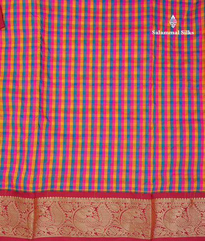 10.5 Yards Semi Silk Saree Paalum Pazham Checks With Contrast Maroon Traditional Border