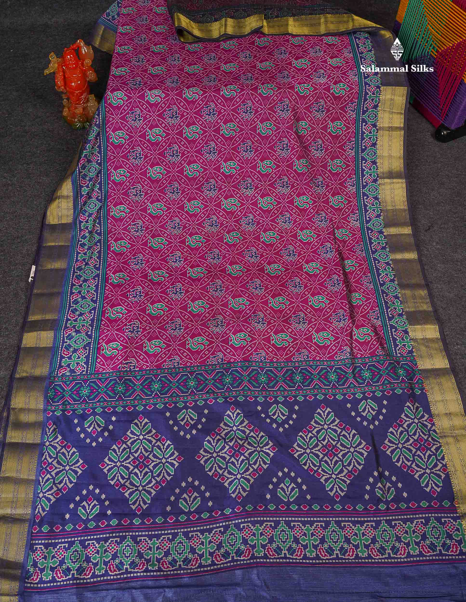 Patola Semi Raw Silk Saree - Magenta Colour Body With Contrast Navy Blue Fancy Border 
