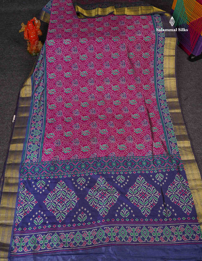 Patola Semi Raw Silk Saree - Magenta Colour Body With Contrast Navy Blue Fancy Border 
