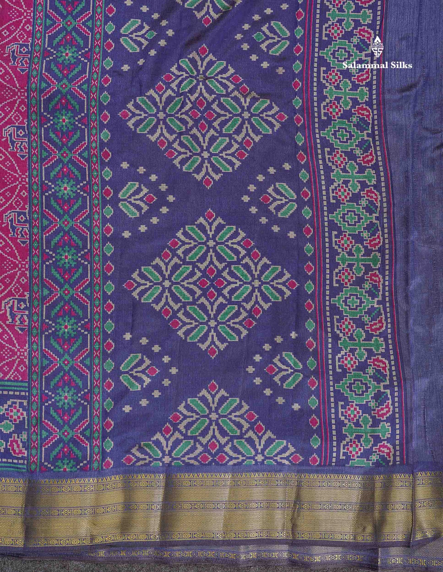 Patola Semi Raw Silk Saree - Magenta Colour Body With Contrast Navy Blue Fancy Border