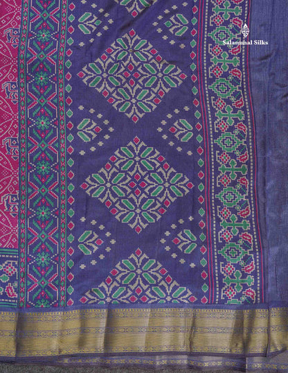 Patola Semi Raw Silk Saree - Magenta Colour Body With Contrast Navy Blue Fancy Border