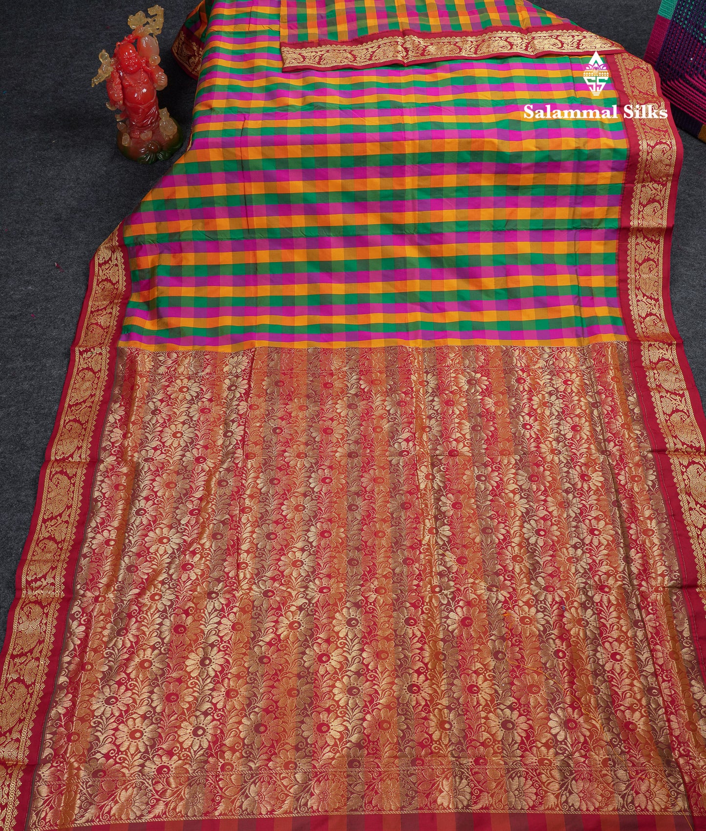 9 Yards Semi Silk Saree Paalum Pazham Checks With Contrast Maroon Traditional Border
