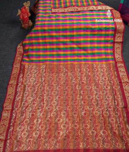 9 Yards Semi Silk Saree Paalum Pazham Checks With Contrast Maroon Traditional Border
