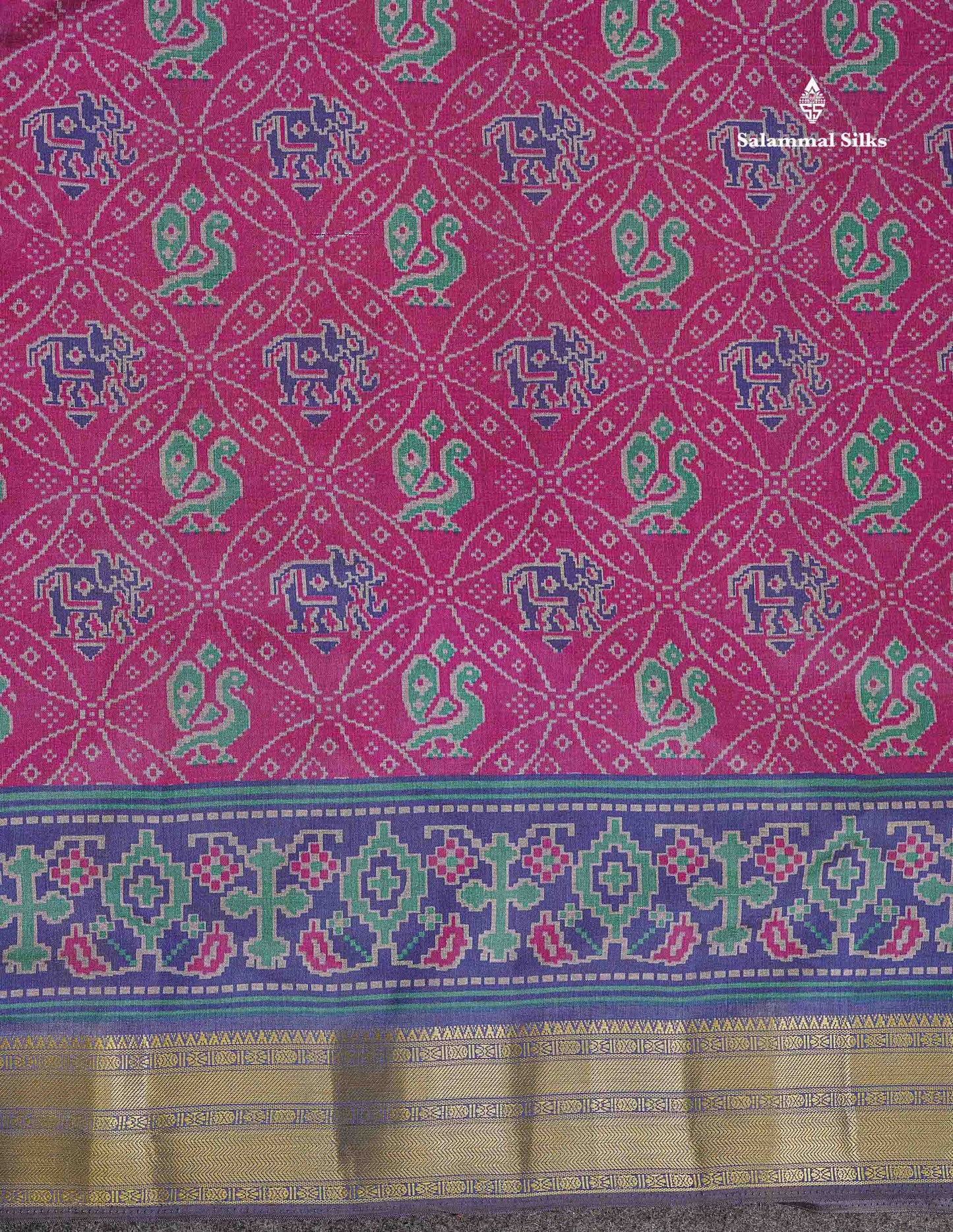 Patola Semi Raw Silk Saree - Magenta Colour Body With Contrast Navy Blue Fancy Border