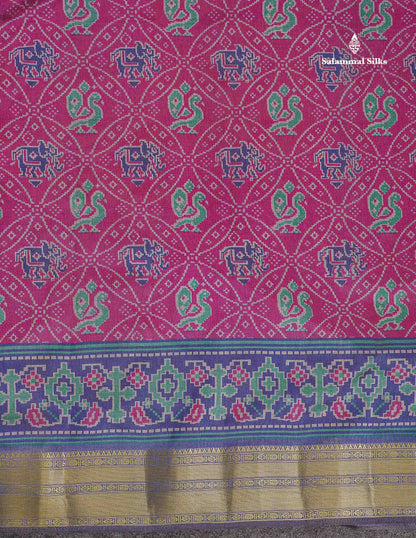 Patola Semi Raw Silk Saree - Magenta Colour Body With Contrast Navy Blue Fancy Border