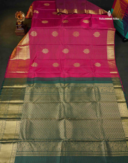 Pure Kanjivaram Silk Saree - Magenta Pink Colour Body With Contrast Bottle Green Blouse