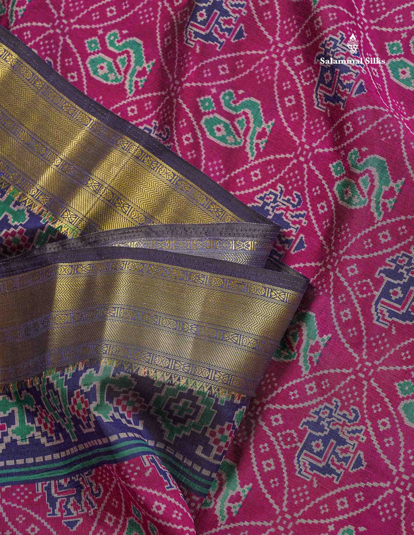 Patola Semi Raw Silk Saree - Magenta Colour Body With Contrast Navy Blue Fancy Border