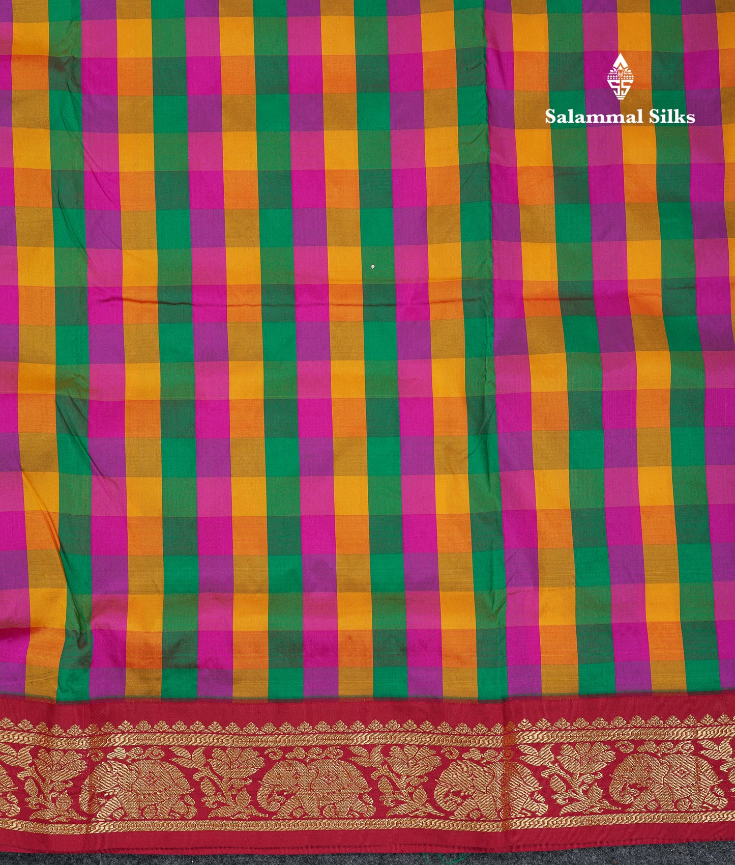 9 Yards Semi Silk Saree Paalum Pazham Checks With Contrast Maroon Traditional Border