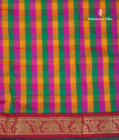 9 Yards Semi Silk Saree Paalum Pazham Checks With Contrast Maroon Traditional Border
