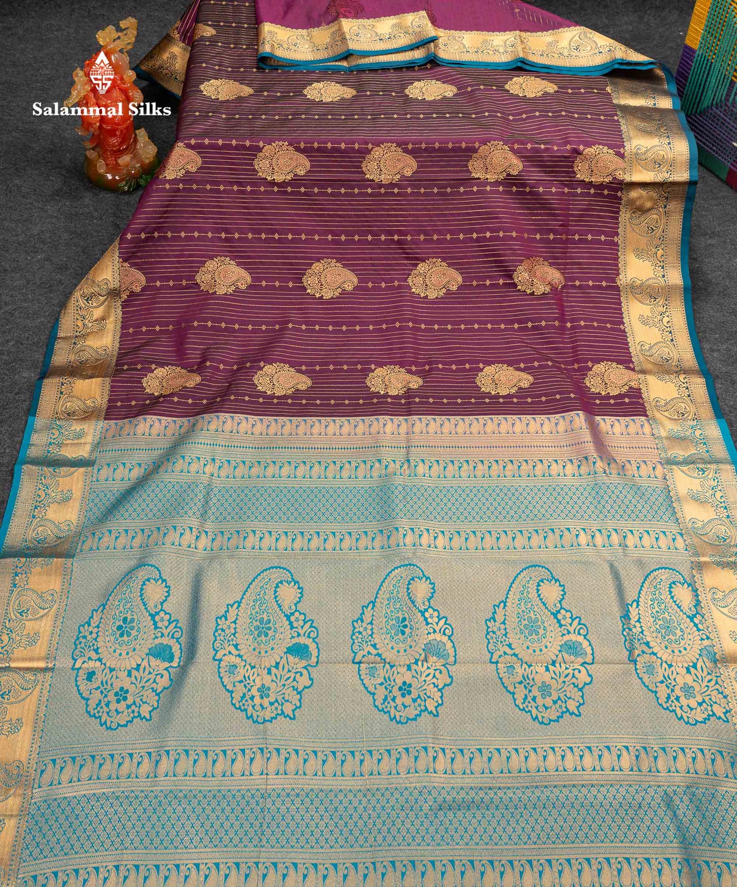 Beautiful Magenta Vertical Zari Line With Butta Semi Silk Saree With Contrast Peacock Blue Traditional Border