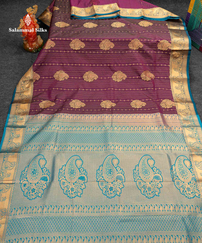 Beautiful Magenta Vertical Zari Line With Butta Semi Silk Saree With Contrast Peacock Blue Traditional Border
