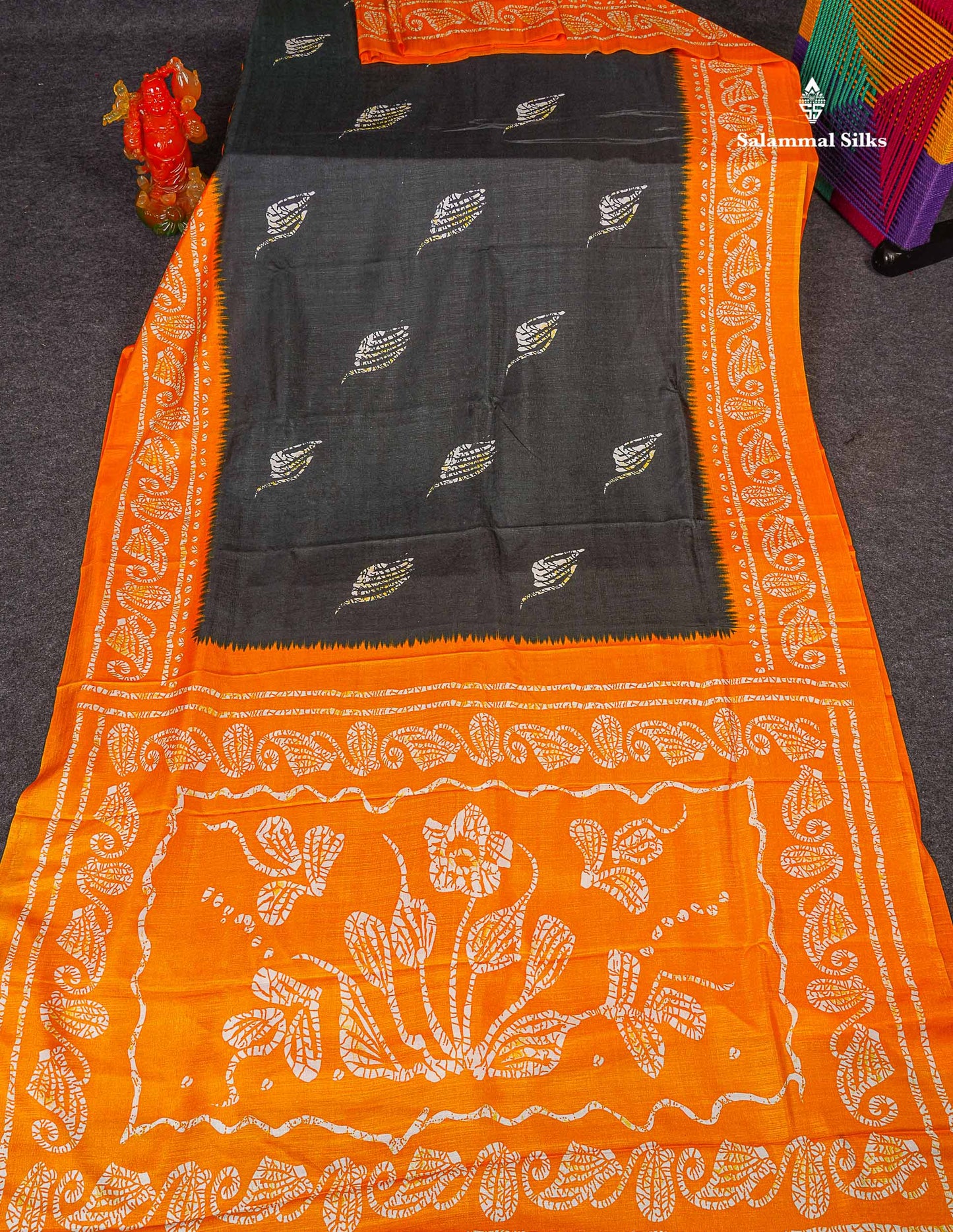 Semi Tussar Saree - Black Colour Body With Contrast Orange Fancy Border 