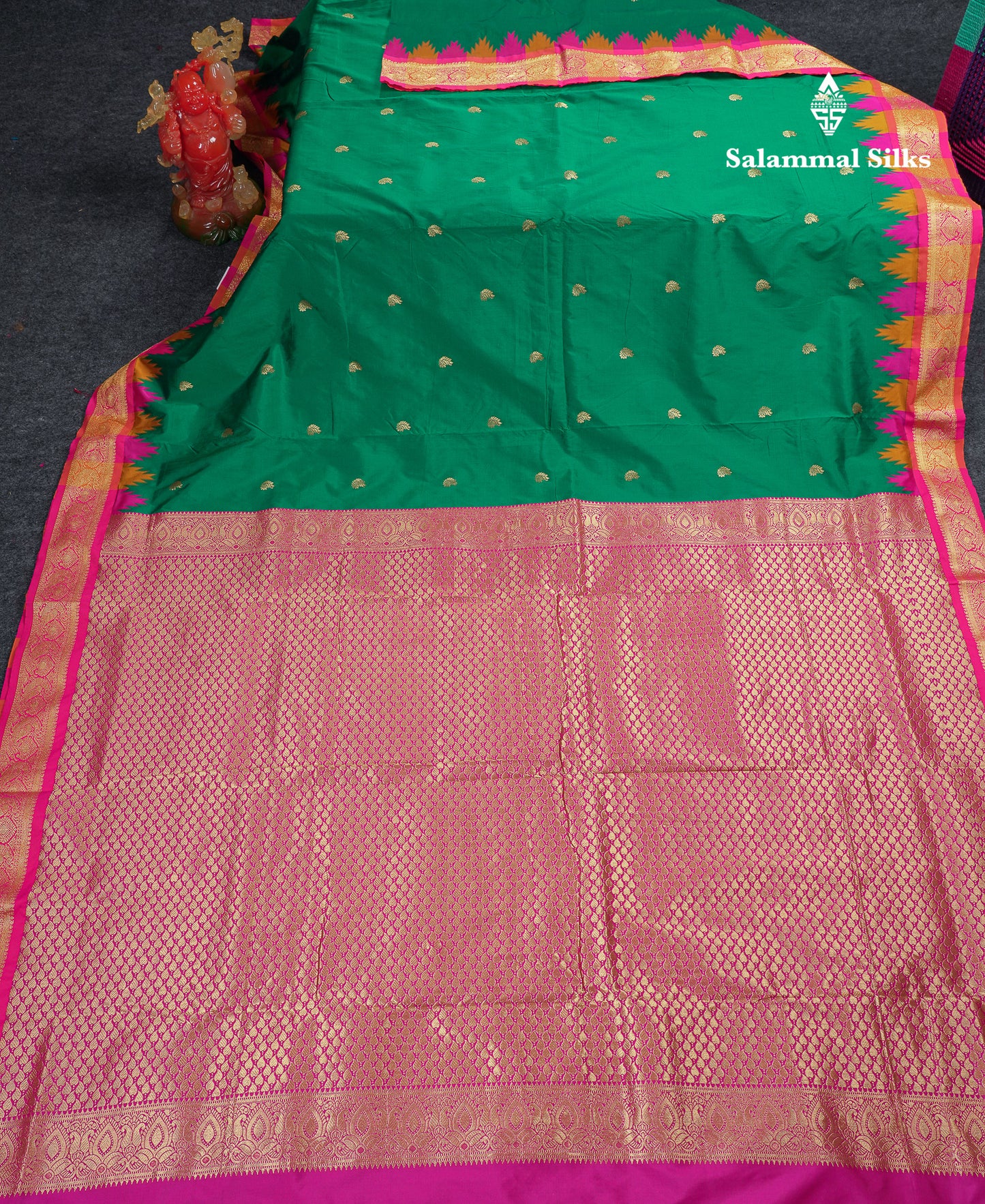 9 Yards Semi Silk Saree Orange With Contrast Green Traditional Temple Border
