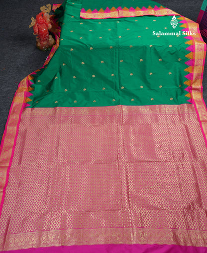 9 Yards Semi Silk Saree Orange With Contrast Green Traditional Temple Border