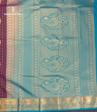 Beautiful Magenta Vertical Zari Line With Butta Semi Silk Saree With Contrast Peacock Blue Traditional Border