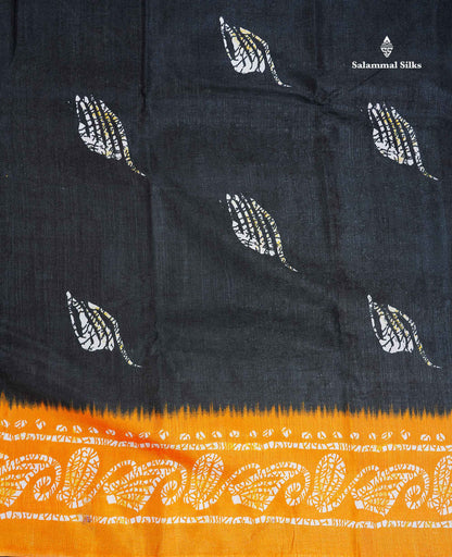Semi Tussar Saree - Black Colour Body With Contrast Orange Fancy Border