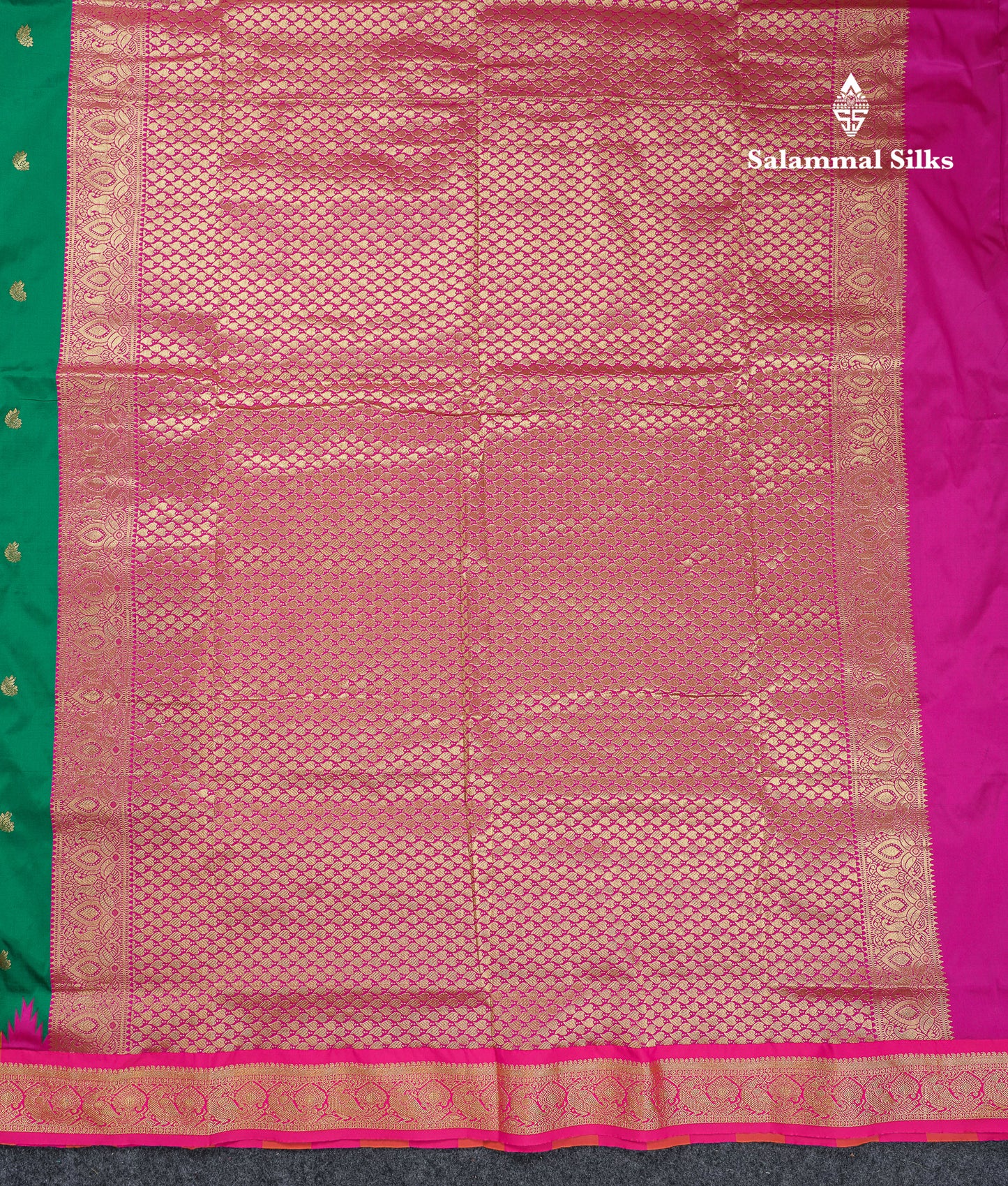 9 Yards Semi Silk Saree Orange With Contrast Green Traditional Temple Border