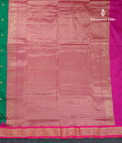 9 Yards Semi Silk Saree Orange With Contrast Green Traditional Temple Border
